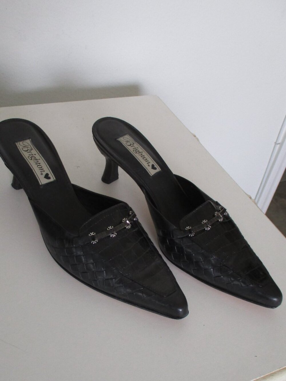 Brighton "Pamela" Womens Black Woven Pointy Leather Slide Heels - Size 8.5M